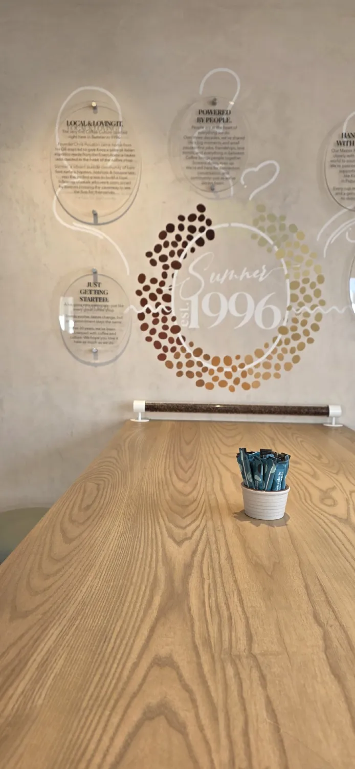 Cafe feature wall with polished plaster finish and branding