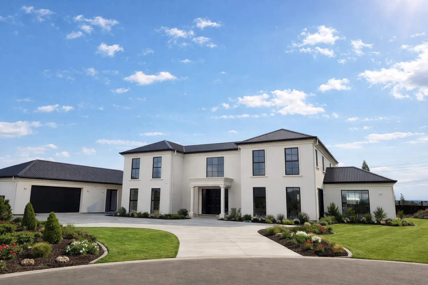 Large two-storey home with white plaster finish and landscaped entrance